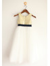 Gold Sequin Ivory Tulle Navy Blue Sash Flower Girl Dress